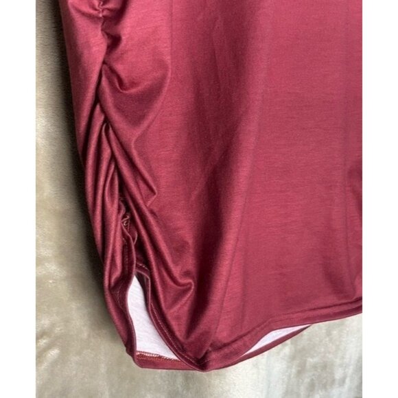 Womens V Neck Short Sleeve Cold Shoulder Cutouts Shirt Light Rose Burgundy, Wine - Picture 16 of 16